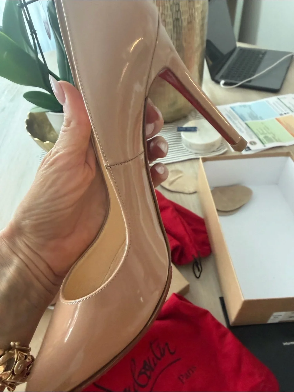 Christian Louboutin Nude Patent Pointed-Toe Stiletto Pumps